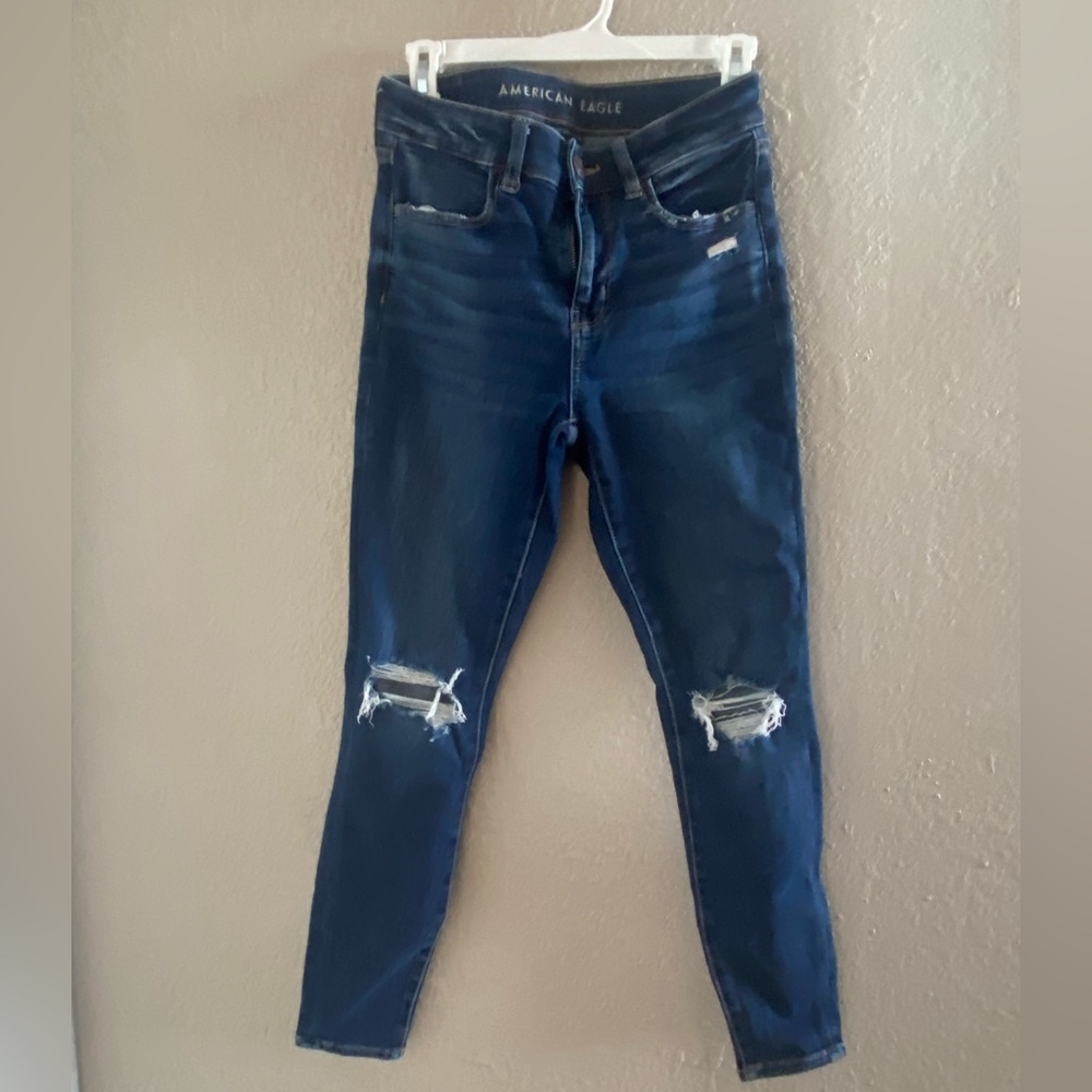 Blue HiRise jeggings with holes on both knees